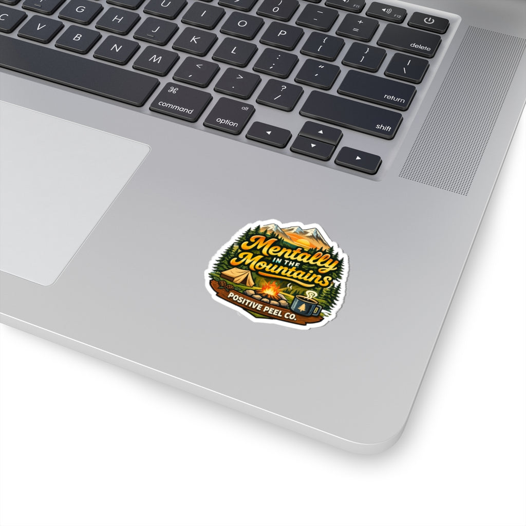 Mentally in the Mountains retro camping sticker with campfire tent coffee mug and snow capped mountains — gift for hikers campers and outdoor lovers