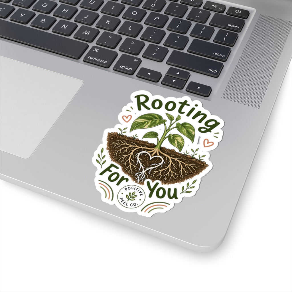 Rooting For You plant sticker with heart shaped roots and growing seedling — encouraging gift for friends family graduates and plant lovers
