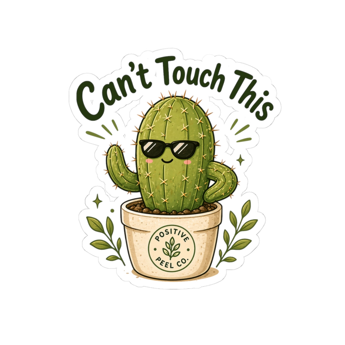 Funny cactus sticker with sunglasses and can't touch this text — humorous gift for cactus lovers and plant parents
