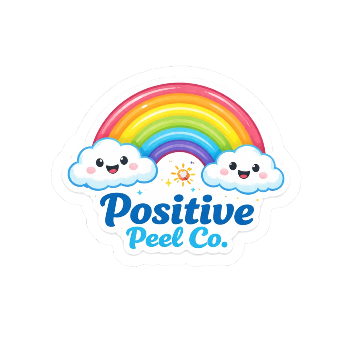 Cheerful rainbow sticker with smiling clouds and Positive Peel Co. logo — cute colorful gift for kids and anyone who loves rainbows and good vibes
