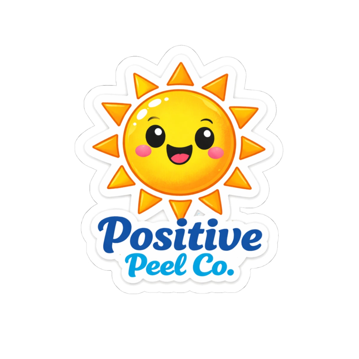 Cheerful kawaii sun sticker with happy face and Positive Peel Co. logo — cute bright gift for kids and anyone who loves sunshine and good vibes