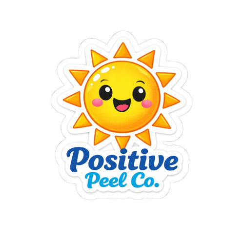 Cheerful kawaii sun sticker with happy face and Positive Peel Co. logo — cute bright gift for kids and anyone who loves sunshine and good vibes