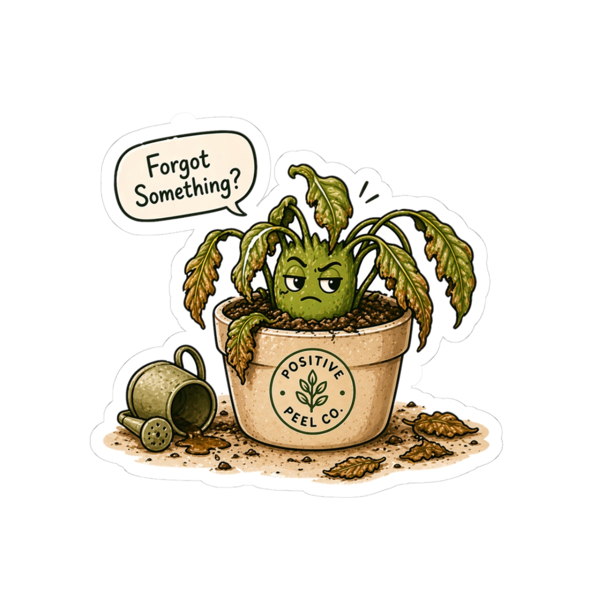 Funny plant sticker with angry dying plant and empty watering can asking forgot something — relatable gift for guilty plant parents