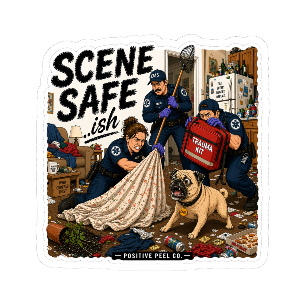 Funny EMS sticker showing paramedics and EMTs in a chaotic scene with a pug named Carl — hilarious gift for paramedics, EMTs, and first responders