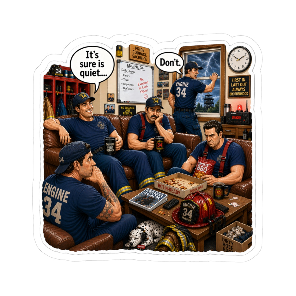 Funny firefighter sticker showing Engine crew relaxing in the firehouse with a dalmatian — humorous gift for firefighters and first responders