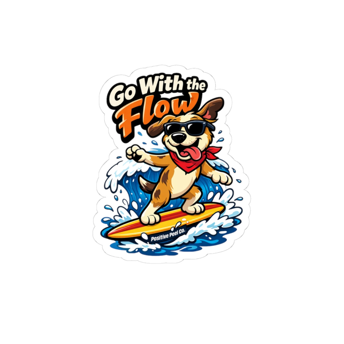 Funny surfing dog sticker with sunglasses and red bandana riding a wave saying go with the flow — fun beach gift for dog lovers and surfers