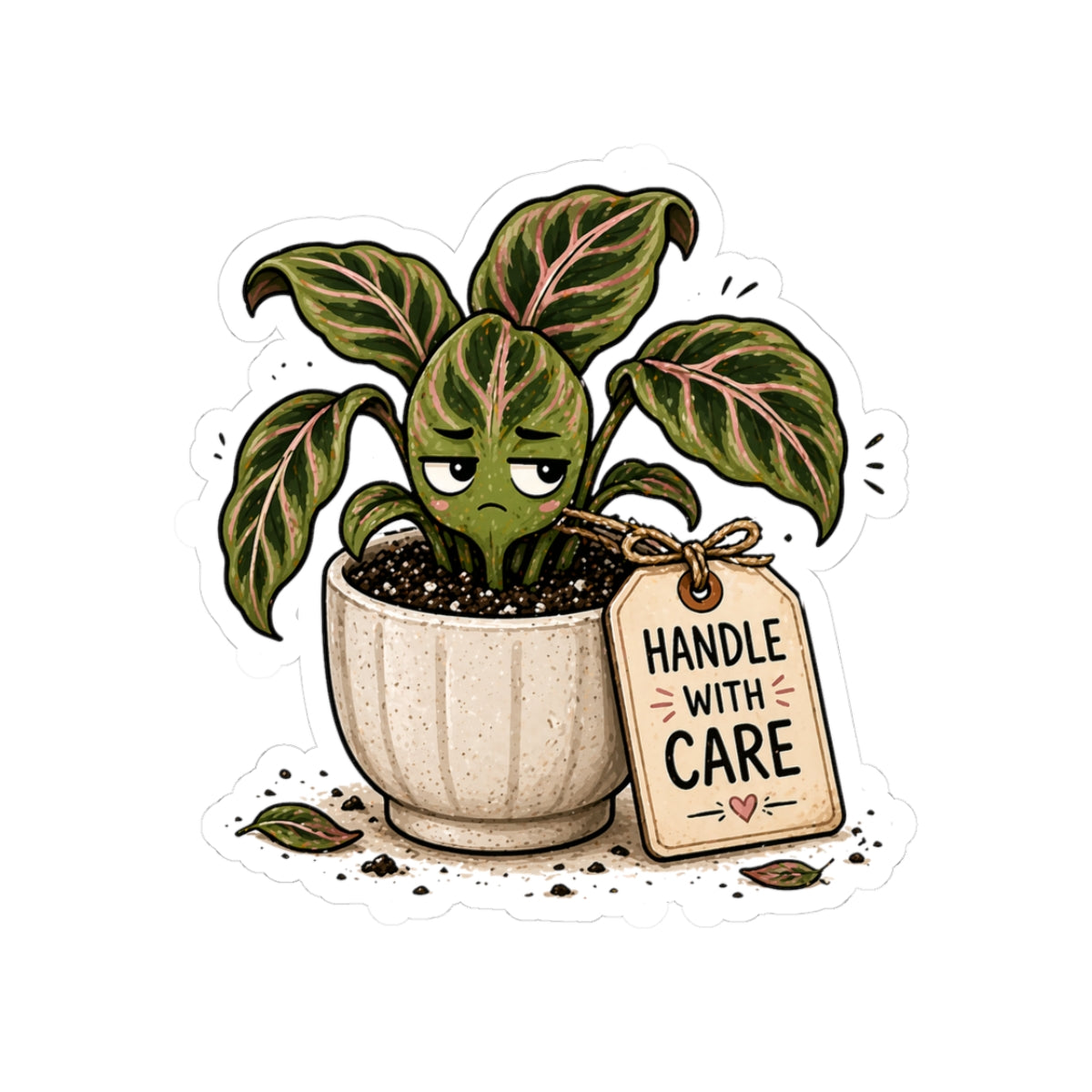 Cute grumpy plant sticker with handle with care tag — thoughtful gift for plant lovers and mental health awareness