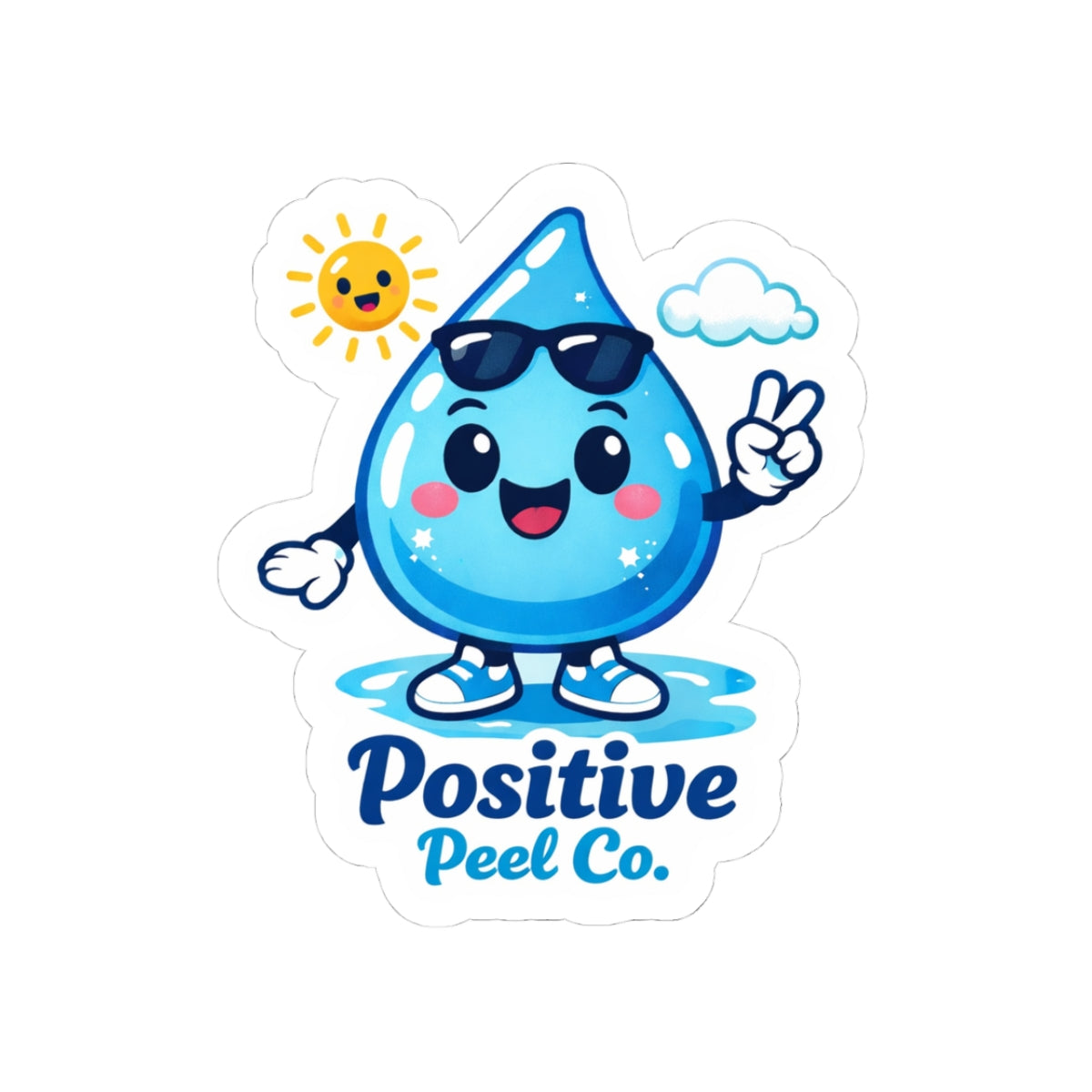 Happy water droplet character sticker with sunglasses and peace sign and Positive Peel Co. logo — cute fun gift for kids and water lovers