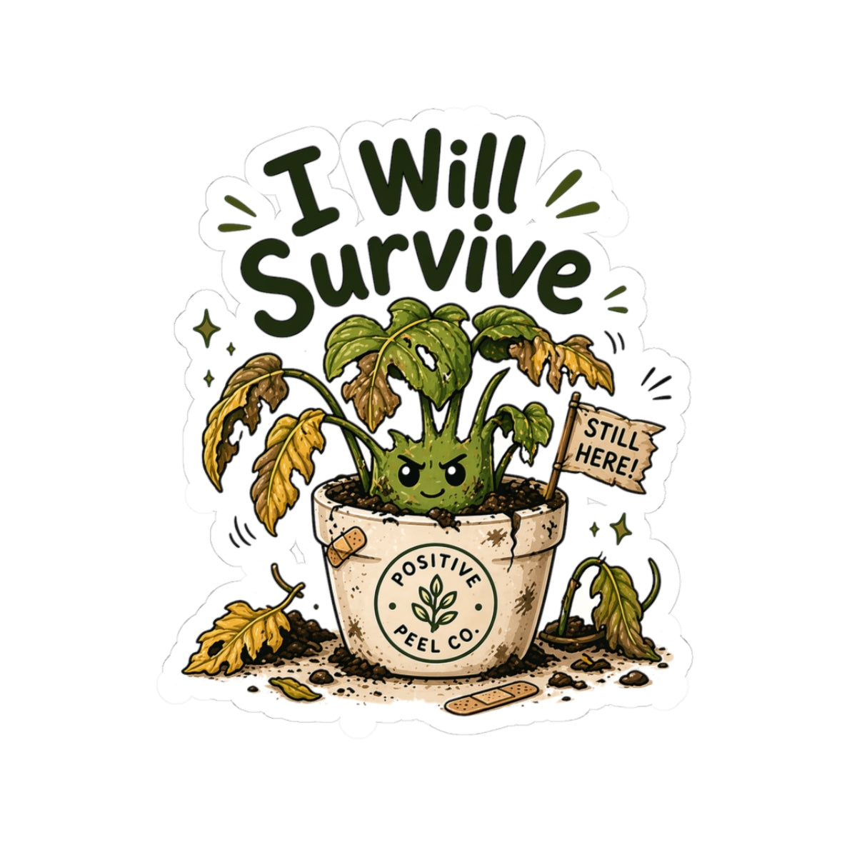 Funny plant sticker with beat up but determined plant holding still here flag — resilience gift for plant lovers and anyone going through hard times