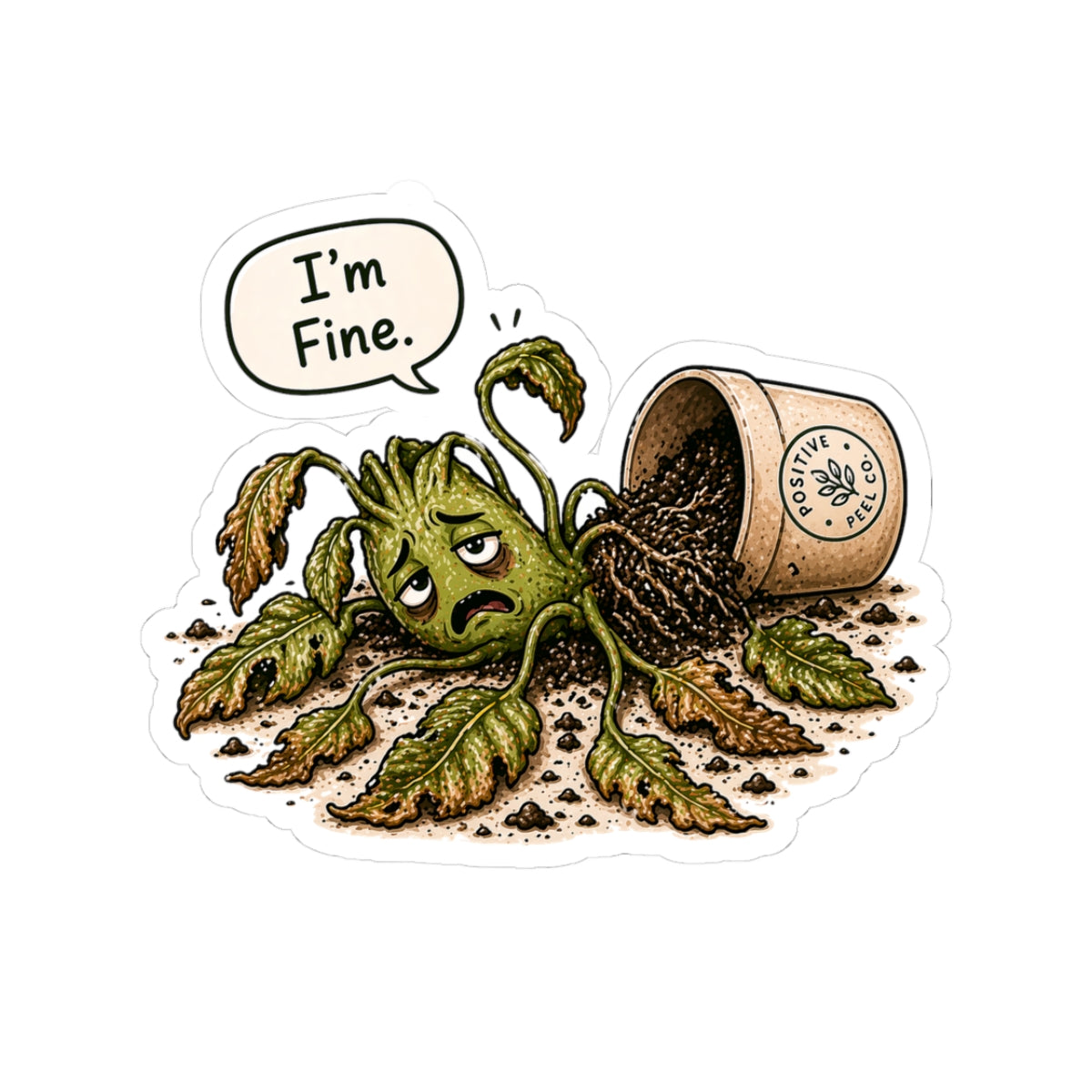 Funny plant sticker with knocked over dying plant saying I'm Fine — relatable humorous gift for plant lovers and anyone having a rough day
