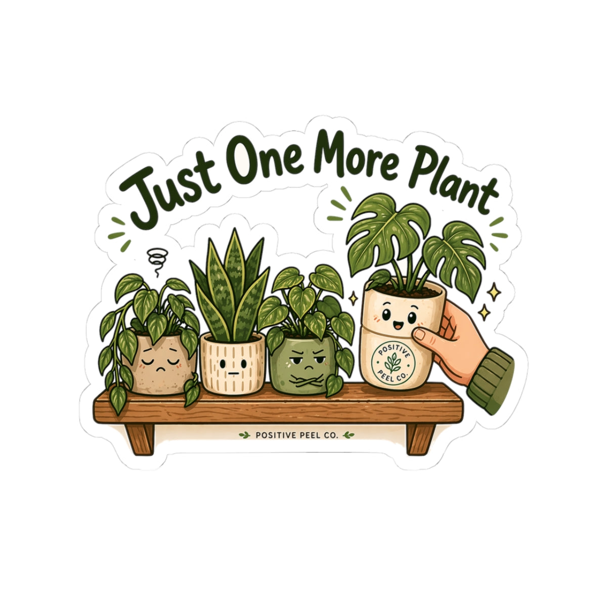 Funny plant sticker with grumpy houseplants on a shelf watching a new monstera arrive — relatable gift for plant collectors and plant hoarders