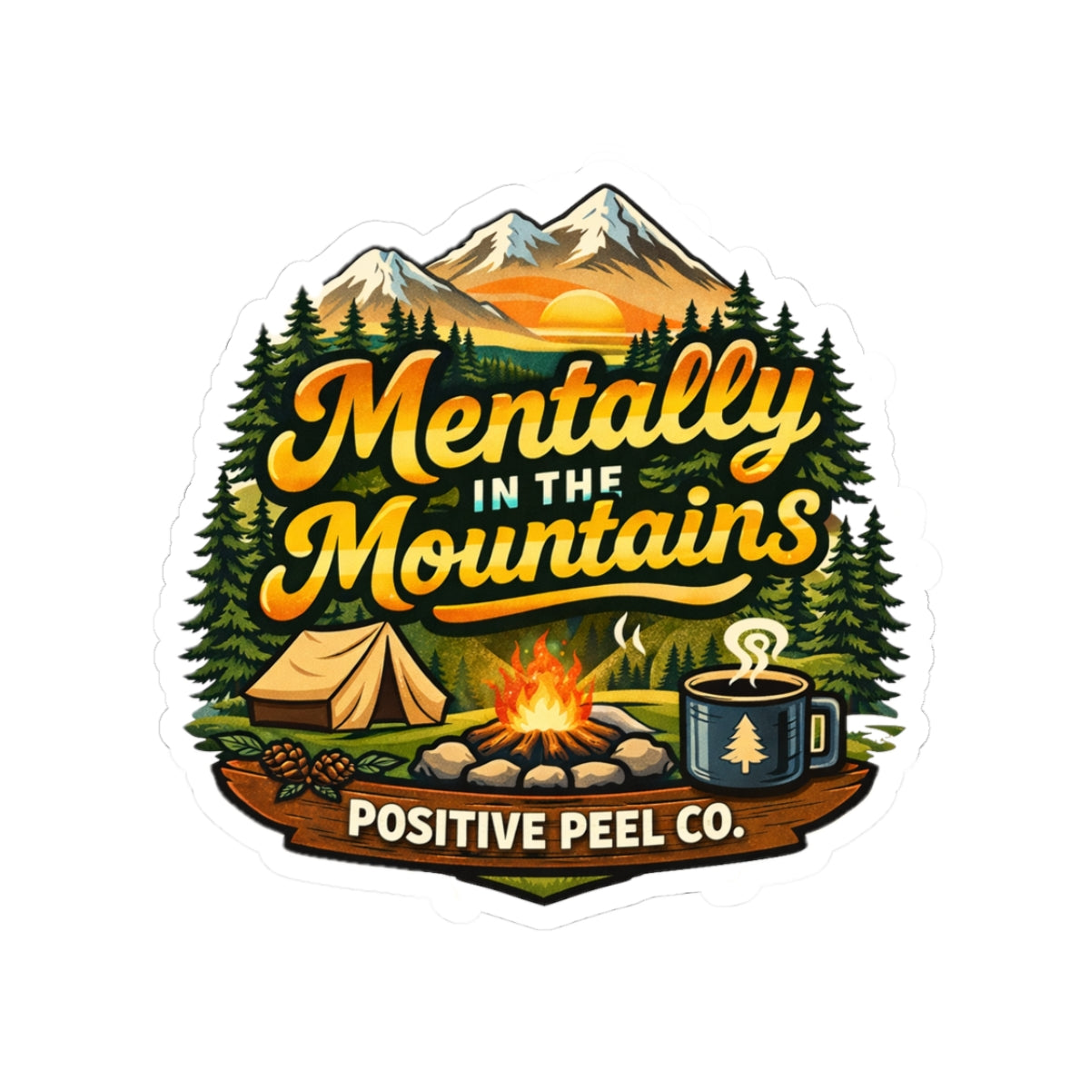 Mentally in the Mountains retro camping sticker with campfire tent coffee mug and snow capped mountains — gift for hikers campers and outdoor lovers