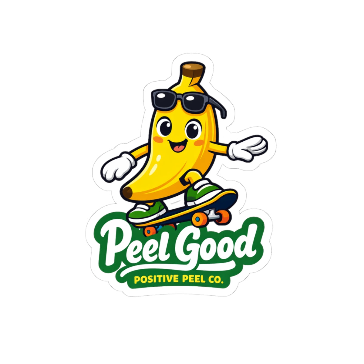 Funny skateboarding banana sticker with sunglasses and sneakers saying peel good — fun colorful gift for kids skaters and banana lovers