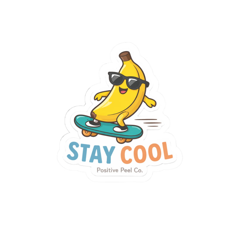 Funny skateboarding banana sticker with sunglasses saying stay cool — fun colorful sticker for kids water bottles and laptops