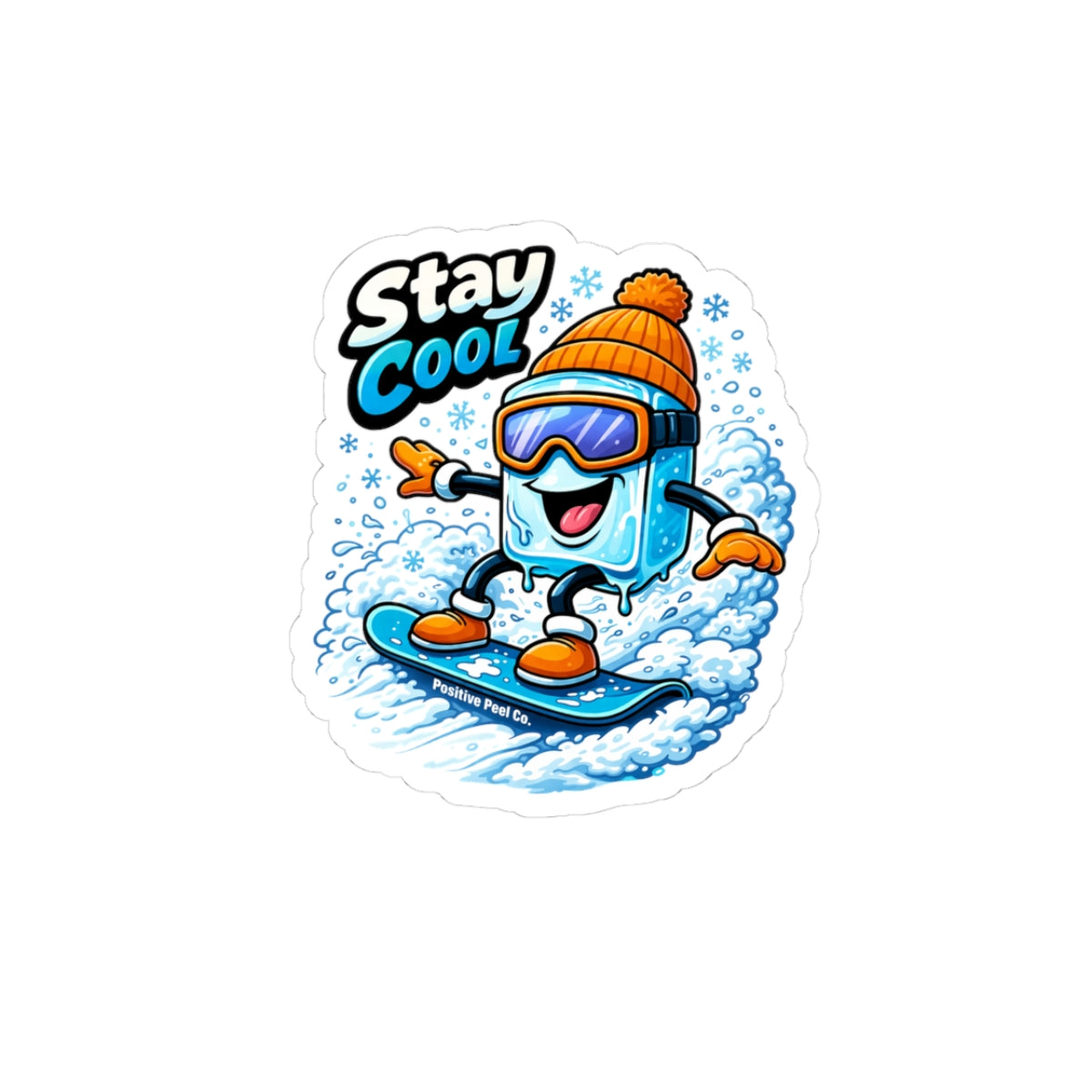 Funny snowboarding ice cube sticker with goggles and beanie saying stay cool — fun winter sports gift for snowboarders and skiers