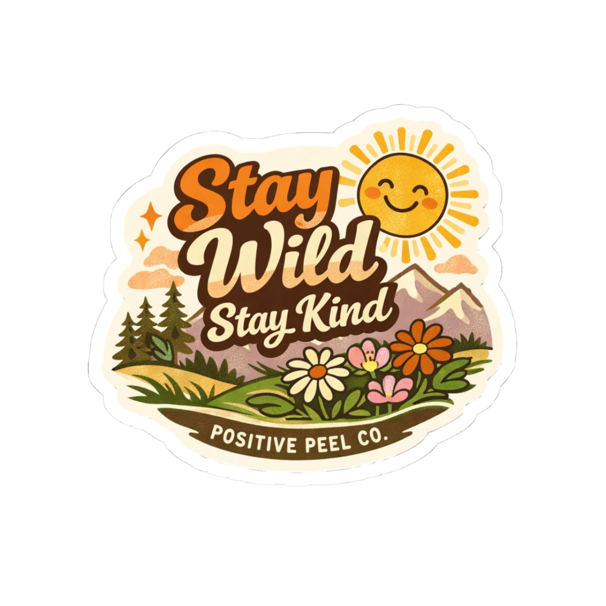 Stay Wild Stay Kind retro sticker with mountains wildflowers and smiling sun design — nature gift for outdoor lovers hikers and adventure seekers
