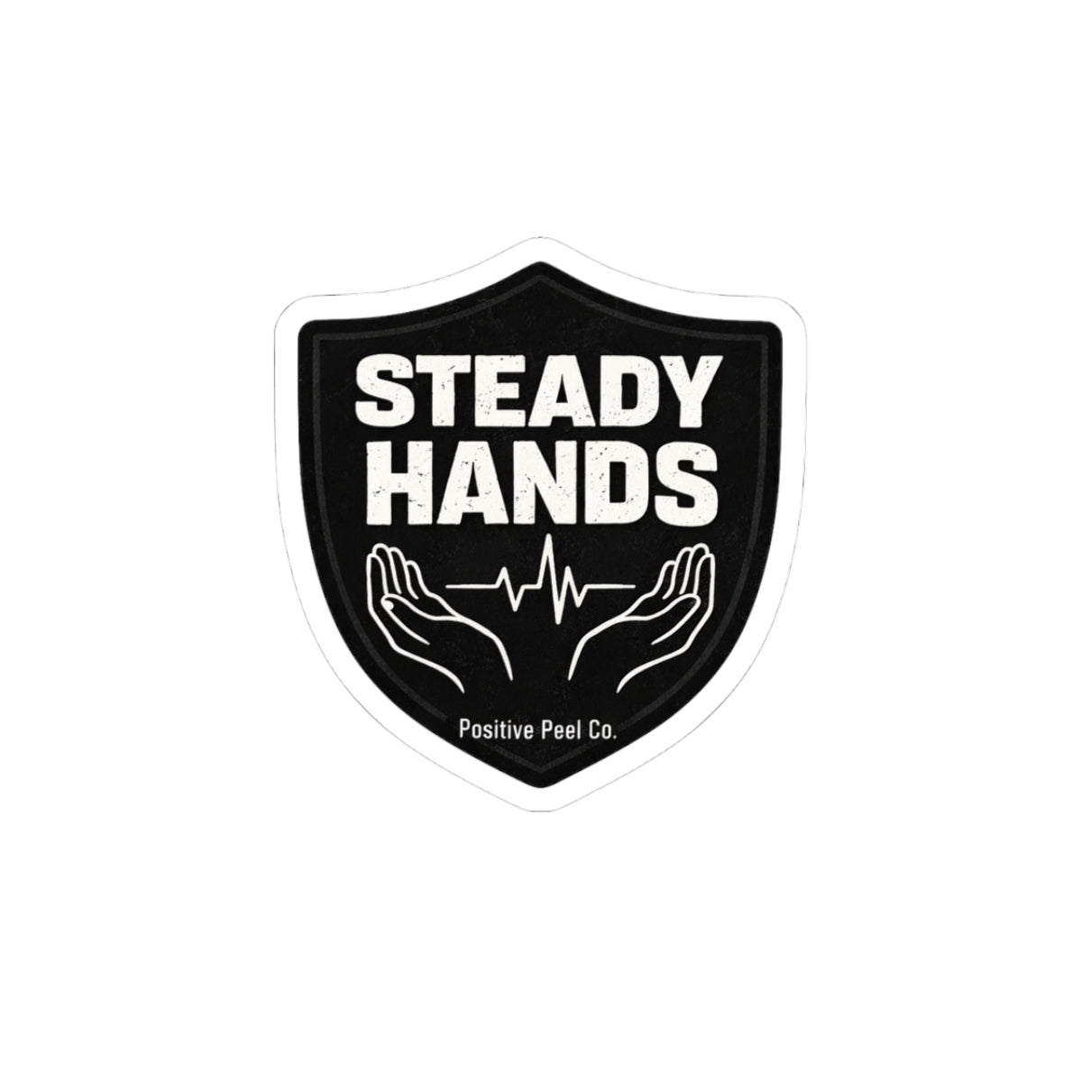 Steady Hands shield sticker with heartbeat line and open hands design — meaningful gift for paramedics EMTs nurses doctors and medical first responders