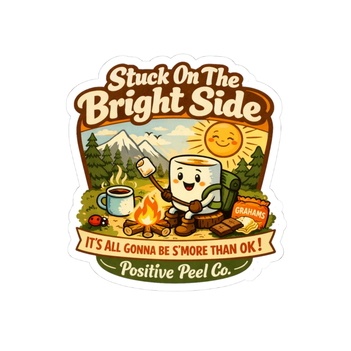 Stuck on the Bright Side retro camping sticker with happy marshmallow roasting by campfire and smores pun — funny outdoor gift for campers and nature lovers