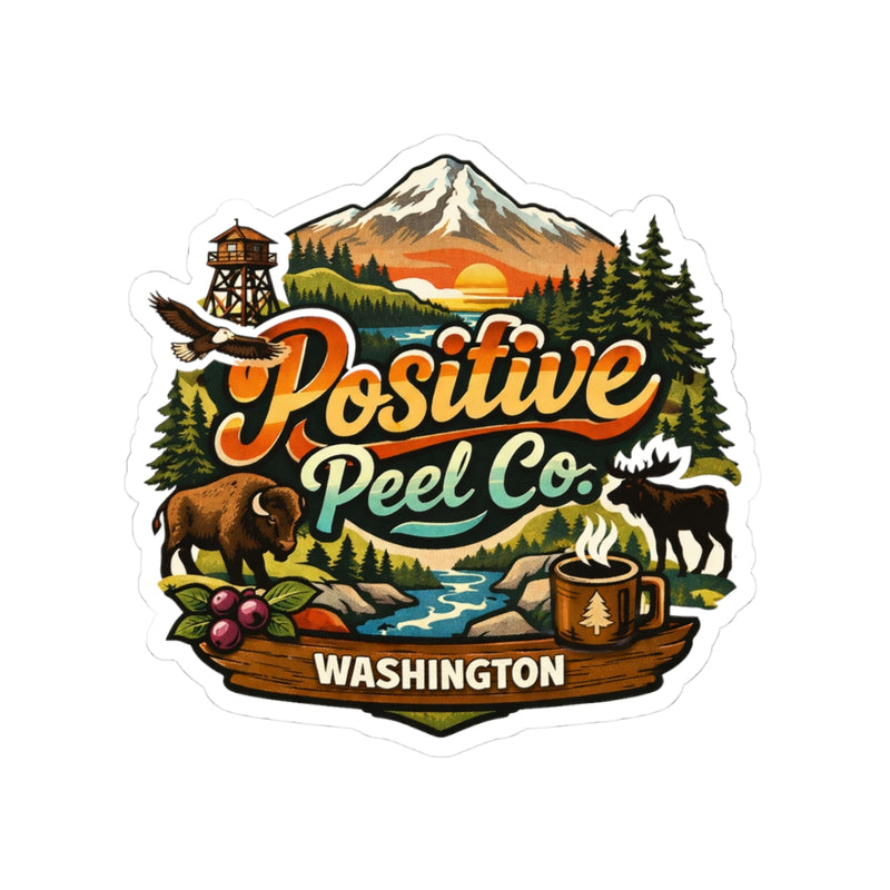 Washington state adventure sticker with Mount Rainier bald eagle bison moose and campfire coffee mug — gift for Washington residents and Pacific Northwest lovers